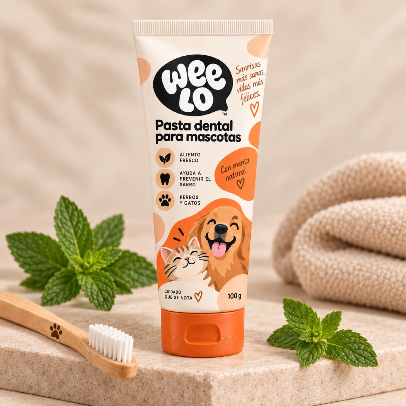 Pomo Weelo de pasta dental para mascotas junto a un cepillo
